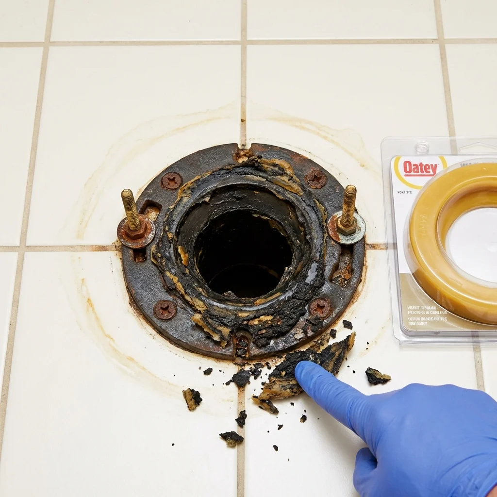 Failed wax ring showing water seepage at the base of a toilet in a Westminster, MD home
