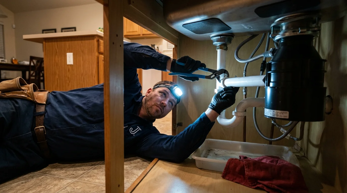 P-trap and supply line connections under a kitchen sink showing a common leak point in Westminster, MD